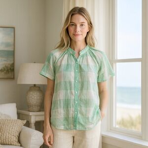 Anthropologie Maeve Mint Gingham Flutter Sleeve Top Women’s S Semi Sheer Peasant